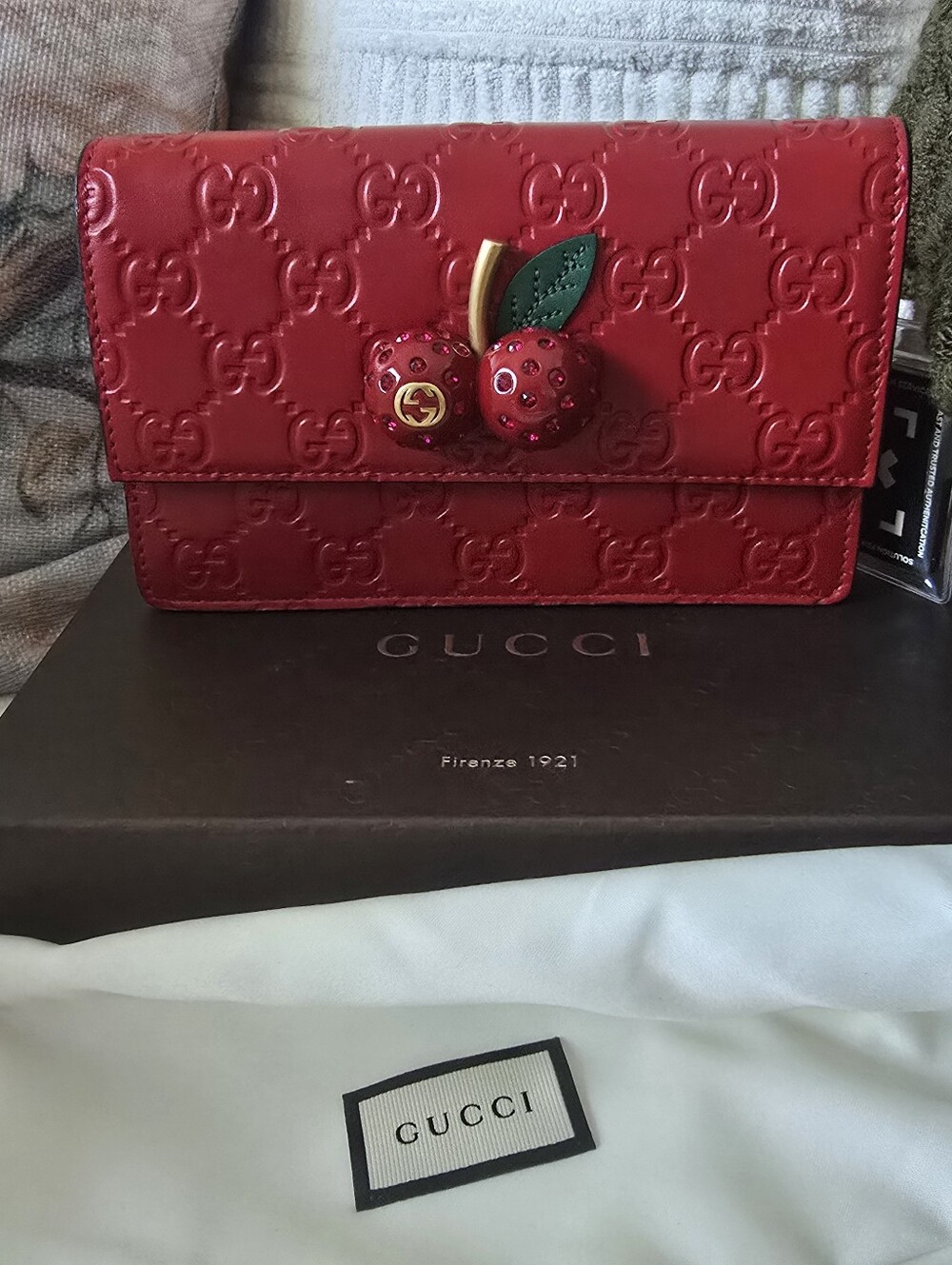Gucci Guccissima Leather Mini Cherry Chain Shoulder Bag in Red